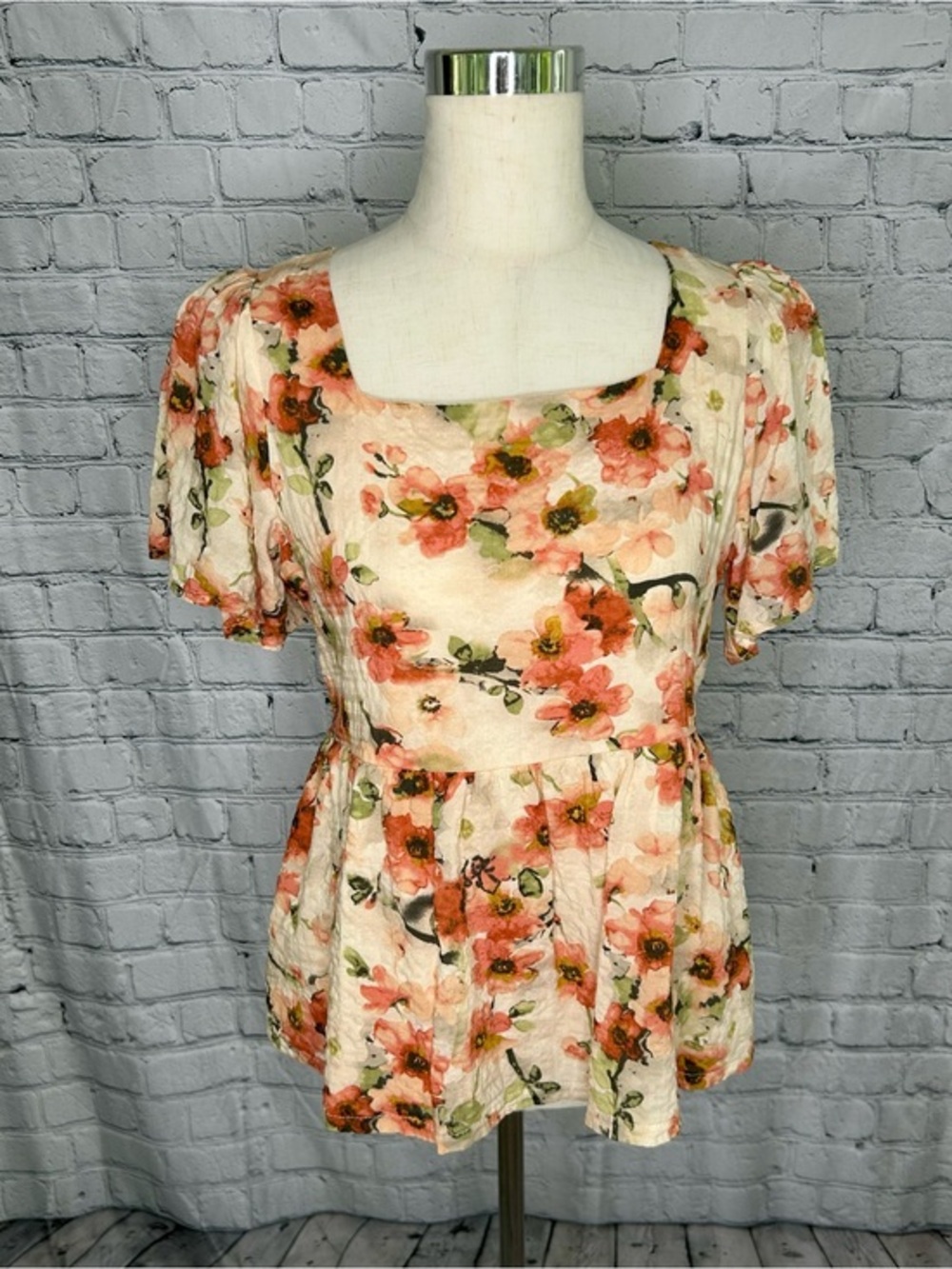 Floral Peplum Blouse Square Neck Flutter Sleeve - Medium